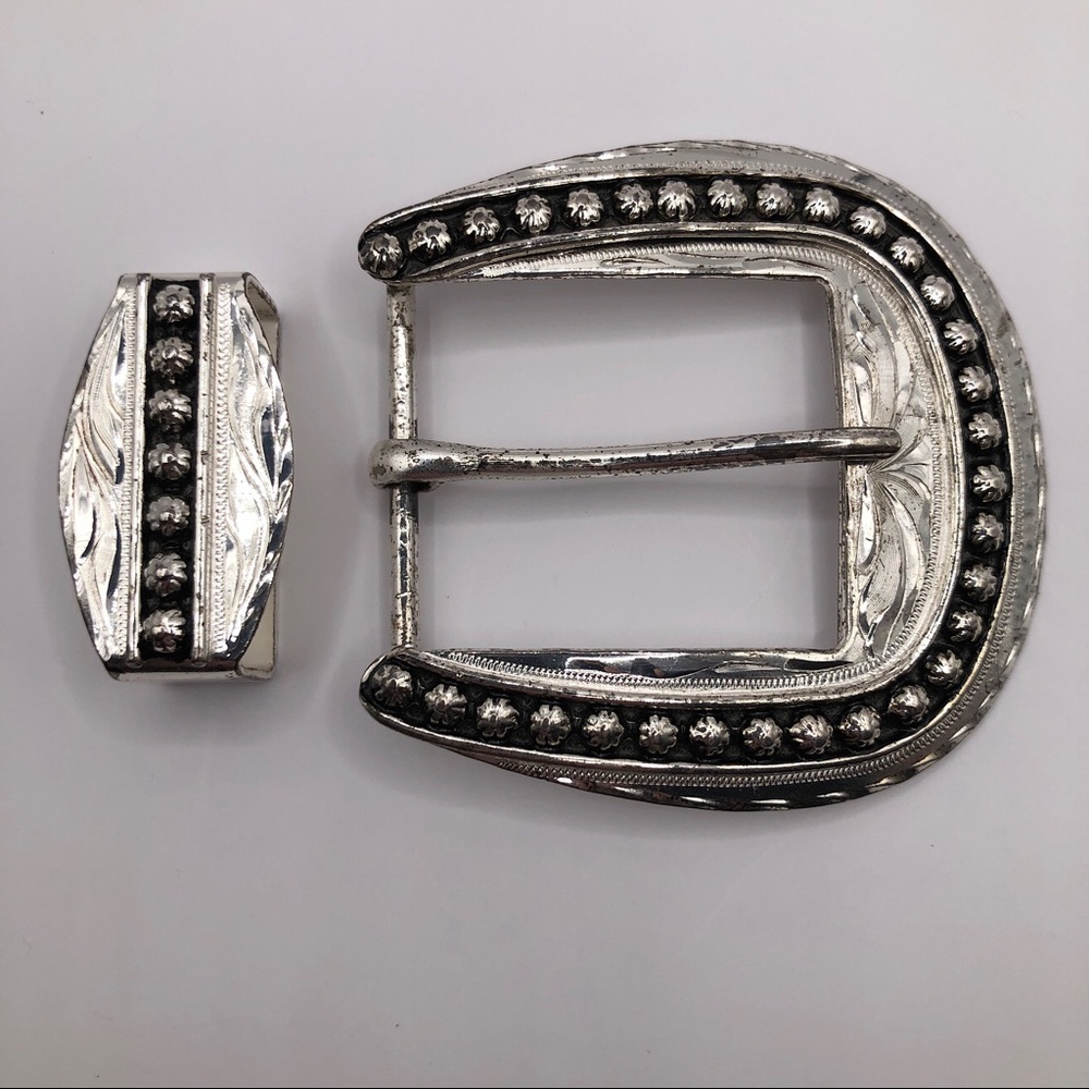 Vintage German Silver Mexico Ladies Western Star Rivet Buckle Set